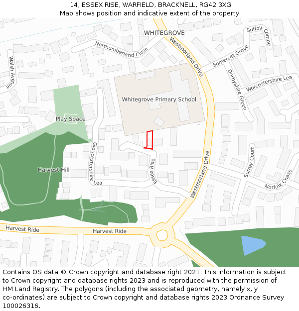 14, ESSEX RISE, WARFIELD, BRACKNELL, RG42 3XG: Location map and indicative extent of plot