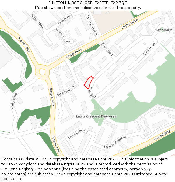 14, ETONHURST CLOSE, EXETER, EX2 7QZ: Location map and indicative extent of plot