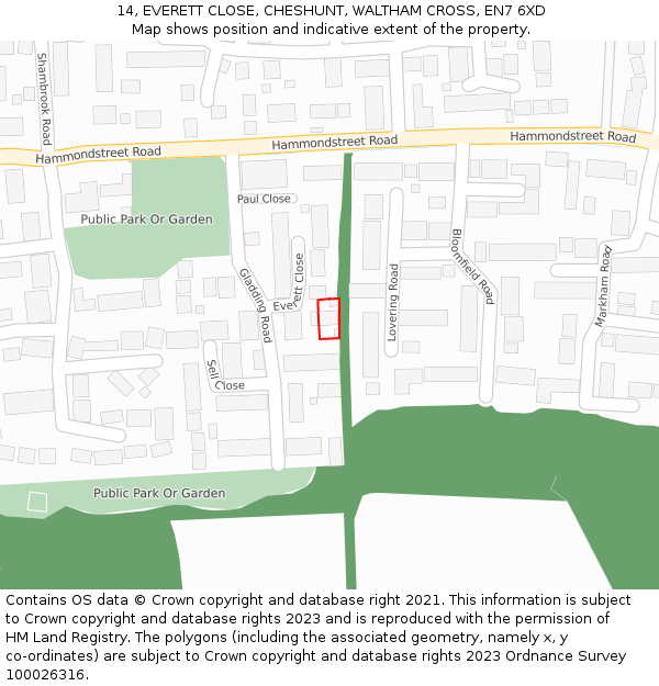 14, EVERETT CLOSE, CHESHUNT, WALTHAM CROSS, EN7 6XD: Location map and indicative extent of plot