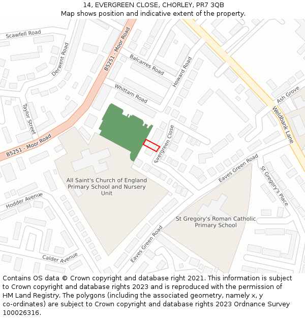 14, EVERGREEN CLOSE, CHORLEY, PR7 3QB: Location map and indicative extent of plot