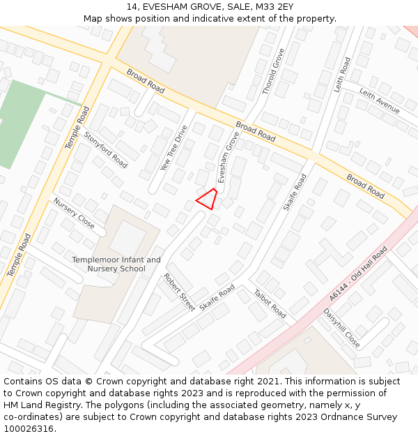 14, EVESHAM GROVE, SALE, M33 2EY: Location map and indicative extent of plot