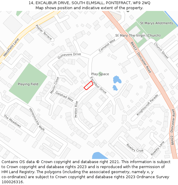 14, EXCALIBUR DRIVE, SOUTH ELMSALL, PONTEFRACT, WF9 2WQ: Location map and indicative extent of plot