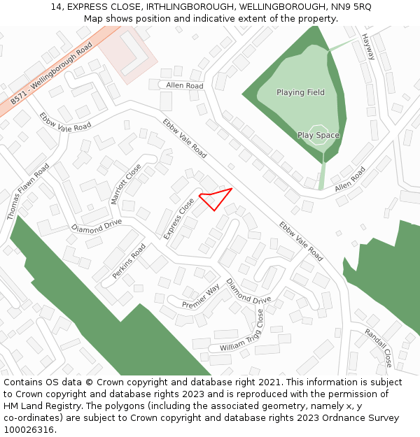 14, EXPRESS CLOSE, IRTHLINGBOROUGH, WELLINGBOROUGH, NN9 5RQ: Location map and indicative extent of plot