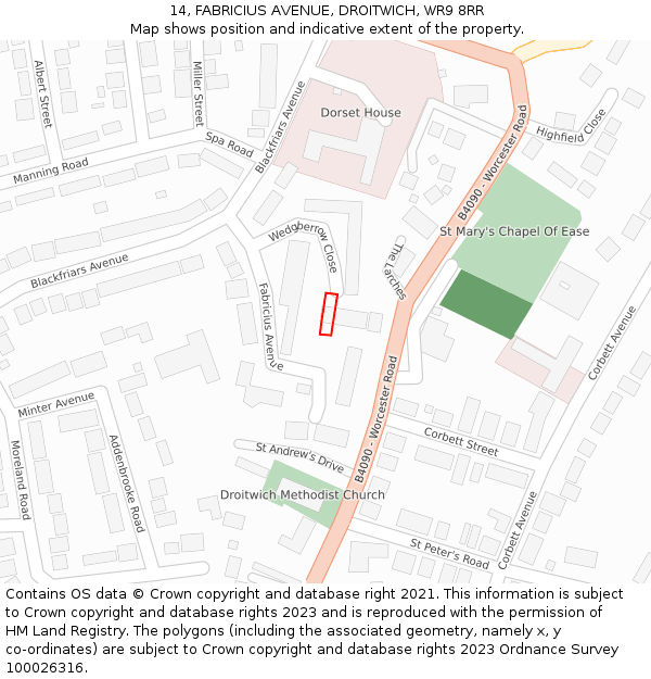 14, FABRICIUS AVENUE, DROITWICH, WR9 8RR: Location map and indicative extent of plot