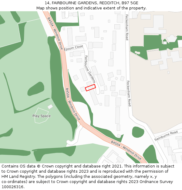 14, FAIRBOURNE GARDENS, REDDITCH, B97 5GE: Location map and indicative extent of plot