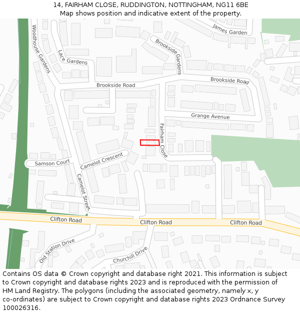 14, FAIRHAM CLOSE, RUDDINGTON, NOTTINGHAM, NG11 6BE: Location map and indicative extent of plot