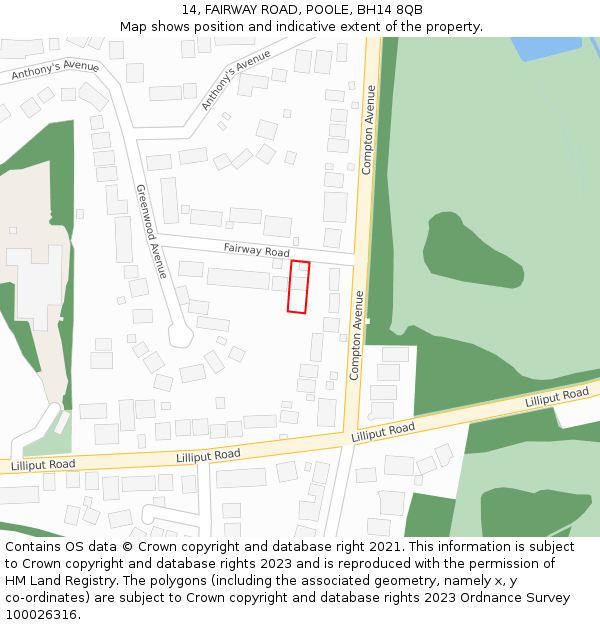 14, FAIRWAY ROAD, POOLE, BH14 8QB: Location map and indicative extent of plot