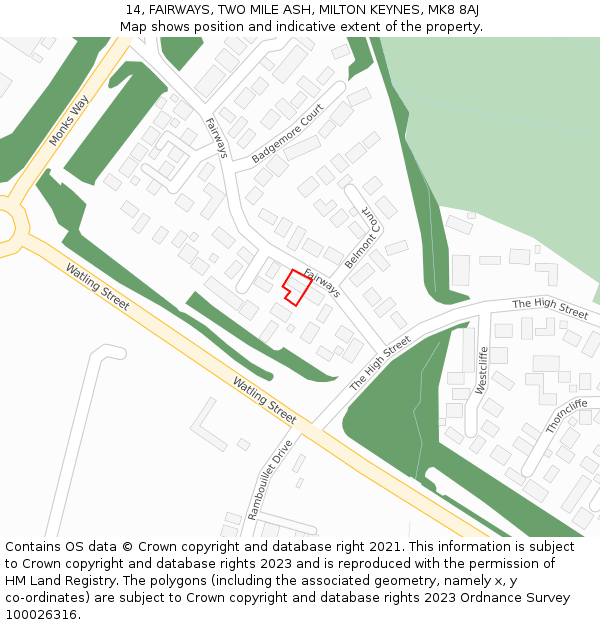 14, FAIRWAYS, TWO MILE ASH, MILTON KEYNES, MK8 8AJ: Location map and indicative extent of plot