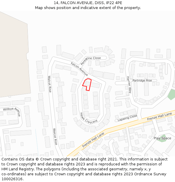 14, FALCON AVENUE, DISS, IP22 4PE: Location map and indicative extent of plot