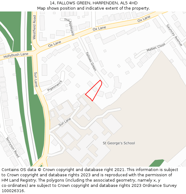 14, FALLOWS GREEN, HARPENDEN, AL5 4HD: Location map and indicative extent of plot