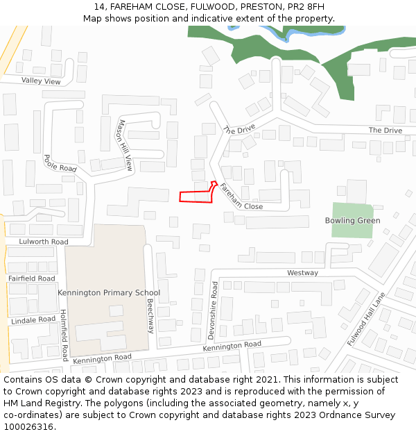 14, FAREHAM CLOSE, FULWOOD, PRESTON, PR2 8FH: Location map and indicative extent of plot