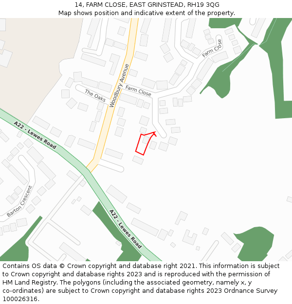 14, FARM CLOSE, EAST GRINSTEAD, RH19 3QG: Location map and indicative extent of plot