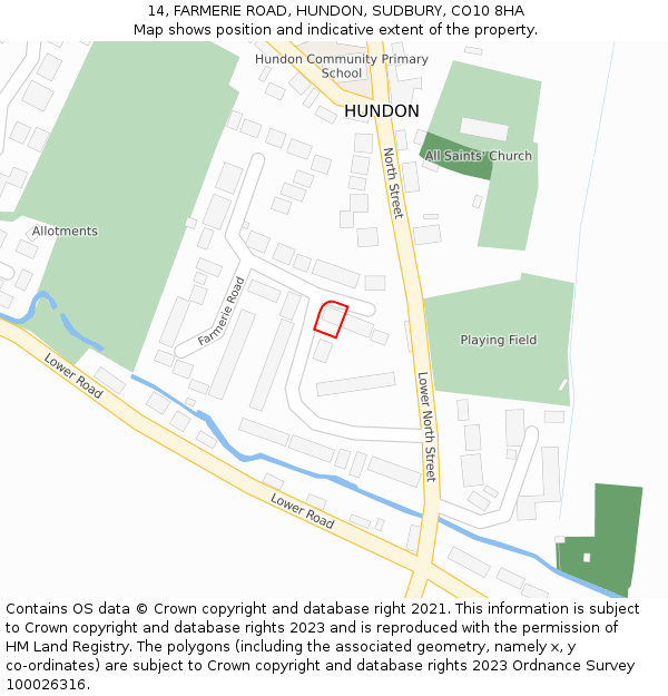 14, FARMERIE ROAD, HUNDON, SUDBURY, CO10 8HA: Location map and indicative extent of plot