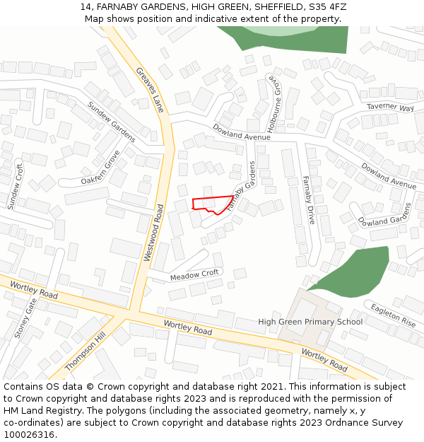 14, FARNABY GARDENS, HIGH GREEN, SHEFFIELD, S35 4FZ: Location map and indicative extent of plot