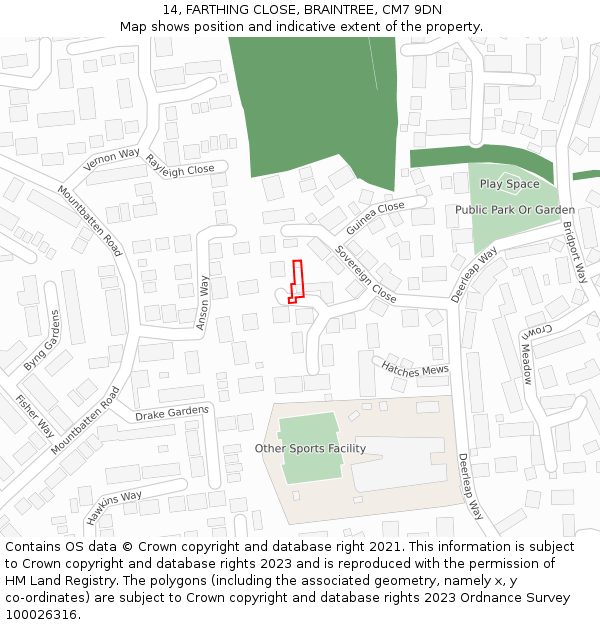 14, FARTHING CLOSE, BRAINTREE, CM7 9DN: Location map and indicative extent of plot