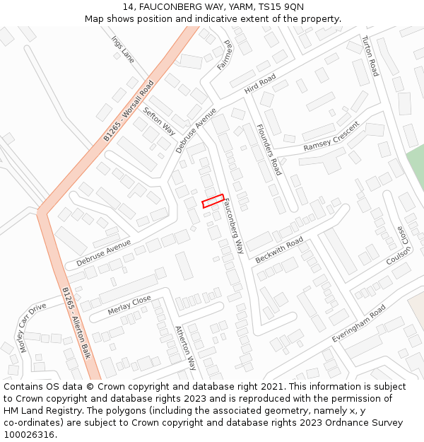 14, FAUCONBERG WAY, YARM, TS15 9QN: Location map and indicative extent of plot