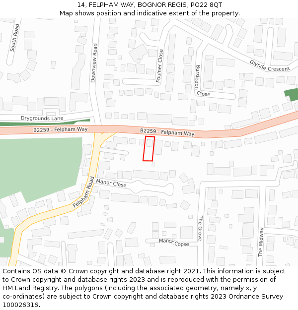 14, FELPHAM WAY, BOGNOR REGIS, PO22 8QT: Location map and indicative extent of plot