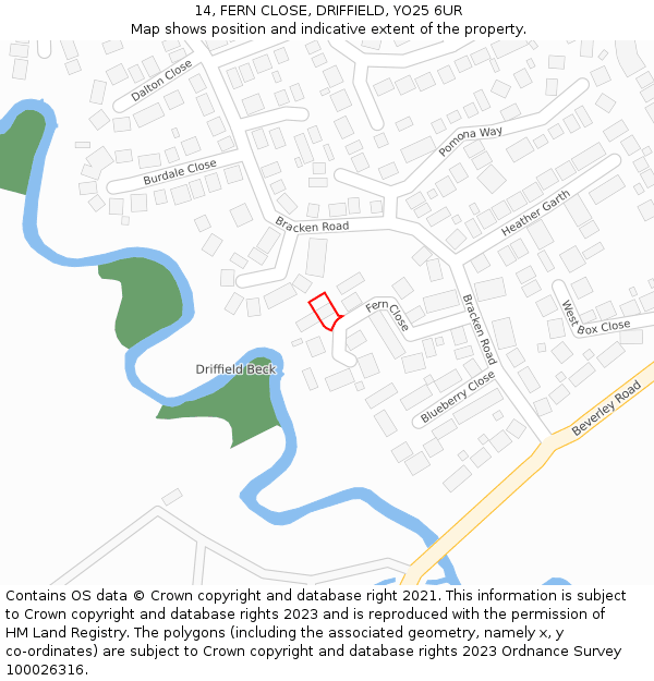 14, FERN CLOSE, DRIFFIELD, YO25 6UR: Location map and indicative extent of plot