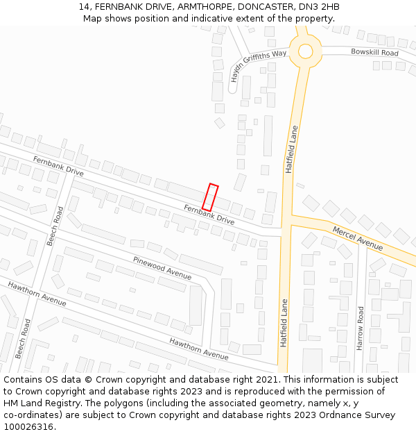 14, FERNBANK DRIVE, ARMTHORPE, DONCASTER, DN3 2HB: Location map and indicative extent of plot