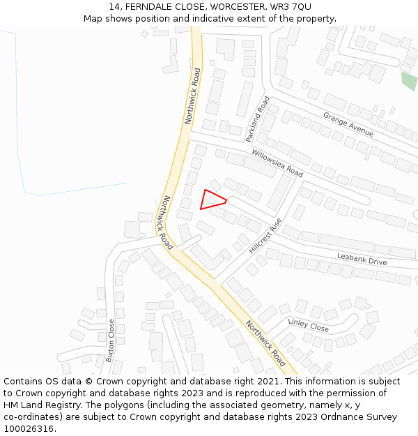 14, FERNDALE CLOSE, WORCESTER, WR3 7QU: Location map and indicative extent of plot