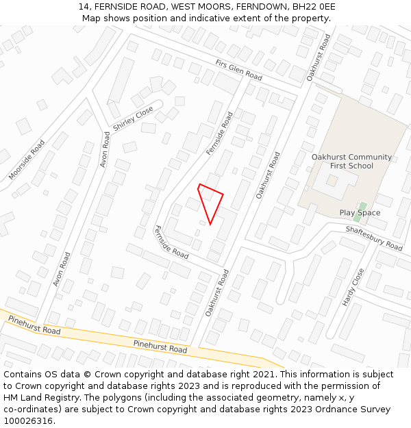 14, FERNSIDE ROAD, WEST MOORS, FERNDOWN, BH22 0EE: Location map and indicative extent of plot