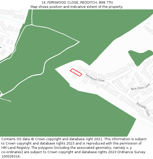 14, FERNWOOD CLOSE, REDDITCH, B98 7TN: Location map and indicative extent of plot