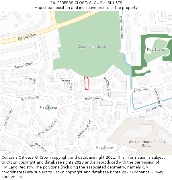 14, FERRERS CLOSE, SLOUGH, SL1 5TS: Location map and indicative extent of plot