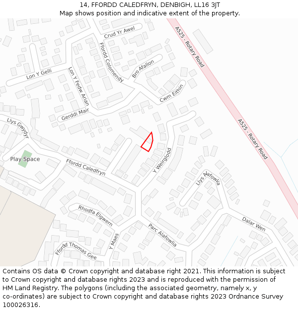 14, FFORDD CALEDFRYN, DENBIGH, LL16 3JT: Location map and indicative extent of plot