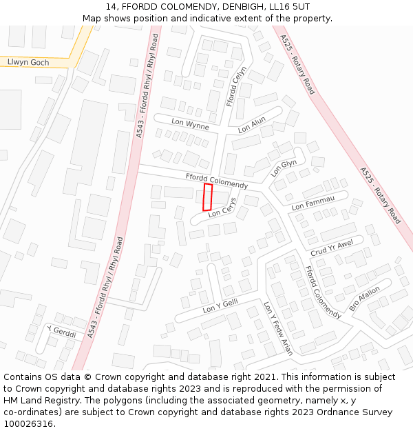 14, FFORDD COLOMENDY, DENBIGH, LL16 5UT: Location map and indicative extent of plot