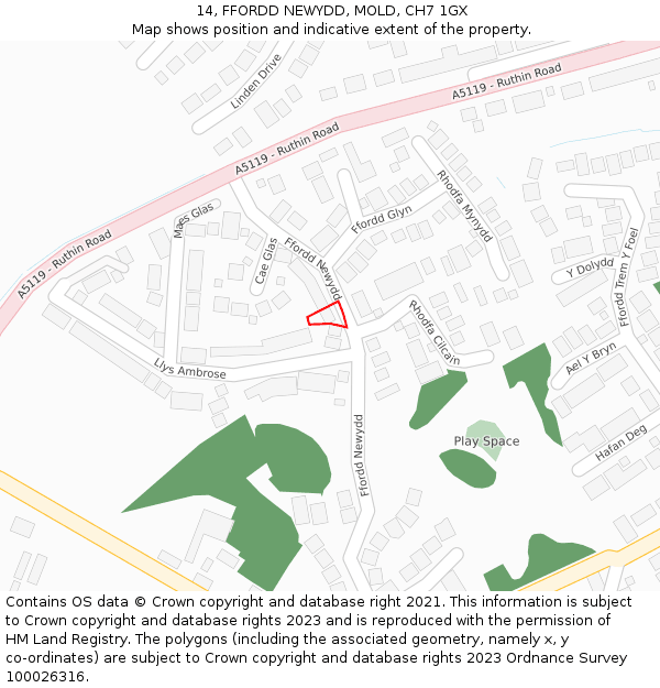 14, FFORDD NEWYDD, MOLD, CH7 1GX: Location map and indicative extent of plot