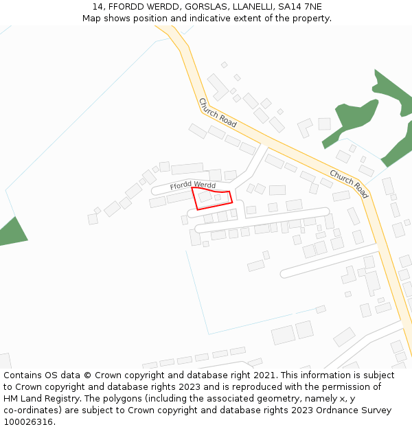 14, FFORDD WERDD, GORSLAS, LLANELLI, SA14 7NE: Location map and indicative extent of plot