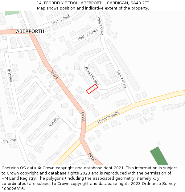 14, FFORDD Y BEDOL, ABERPORTH, CARDIGAN, SA43 2ET: Location map and indicative extent of plot