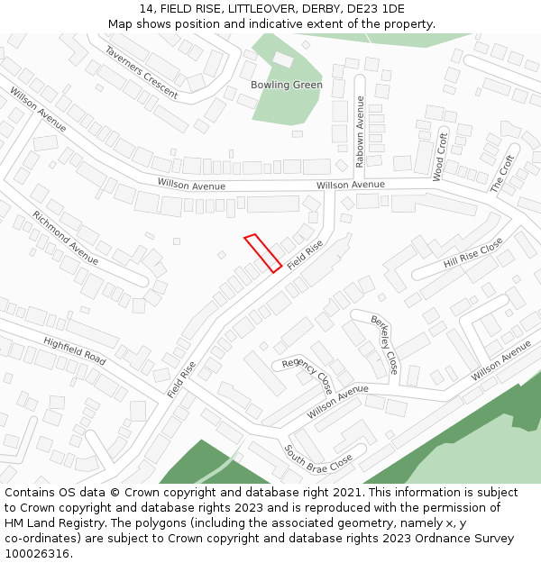 14, FIELD RISE, LITTLEOVER, DERBY, DE23 1DE: Location map and indicative extent of plot