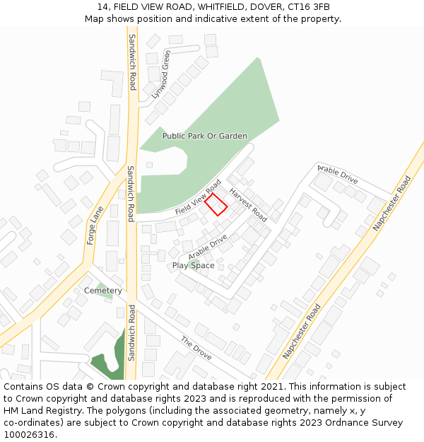 14, FIELD VIEW ROAD, WHITFIELD, DOVER, CT16 3FB: Location map and indicative extent of plot