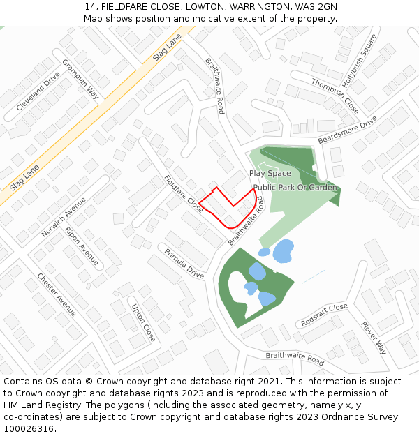 14, FIELDFARE CLOSE, LOWTON, WARRINGTON, WA3 2GN: Location map and indicative extent of plot