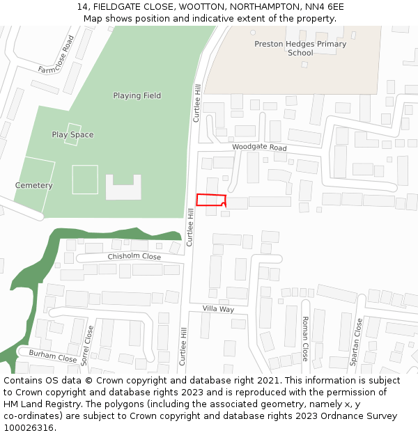 14, FIELDGATE CLOSE, WOOTTON, NORTHAMPTON, NN4 6EE: Location map and indicative extent of plot