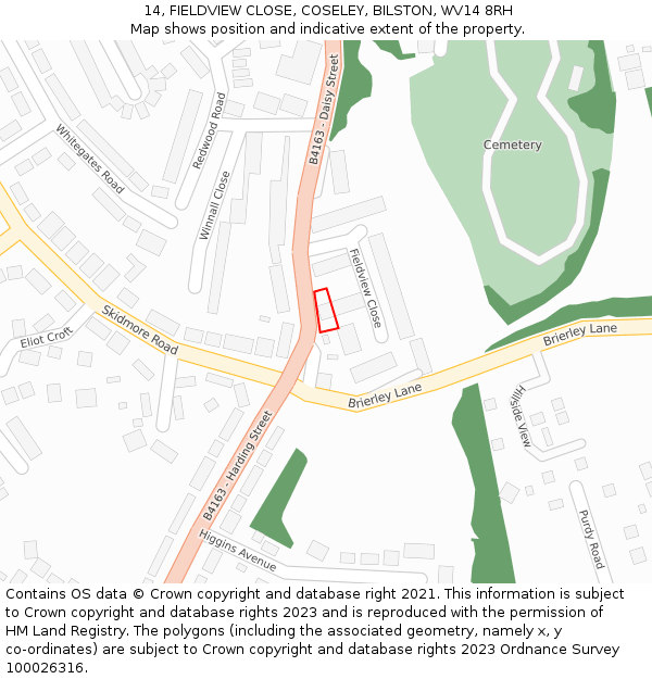 14, FIELDVIEW CLOSE, COSELEY, BILSTON, WV14 8RH: Location map and indicative extent of plot