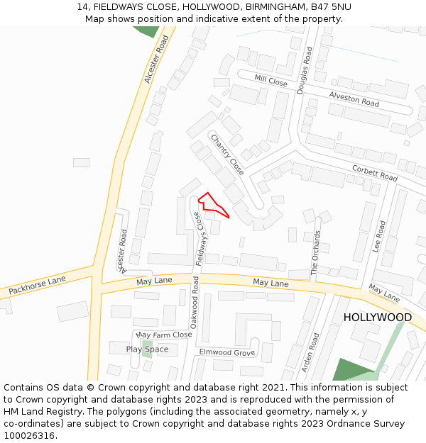 14, FIELDWAYS CLOSE, HOLLYWOOD, BIRMINGHAM, B47 5NU: Location map and indicative extent of plot