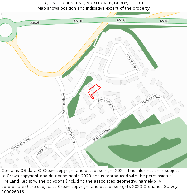 14, FINCH CRESCENT, MICKLEOVER, DERBY, DE3 0TT: Location map and indicative extent of plot