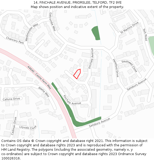 14, FINCHALE AVENUE, PRIORSLEE, TELFORD, TF2 9YE: Location map and indicative extent of plot