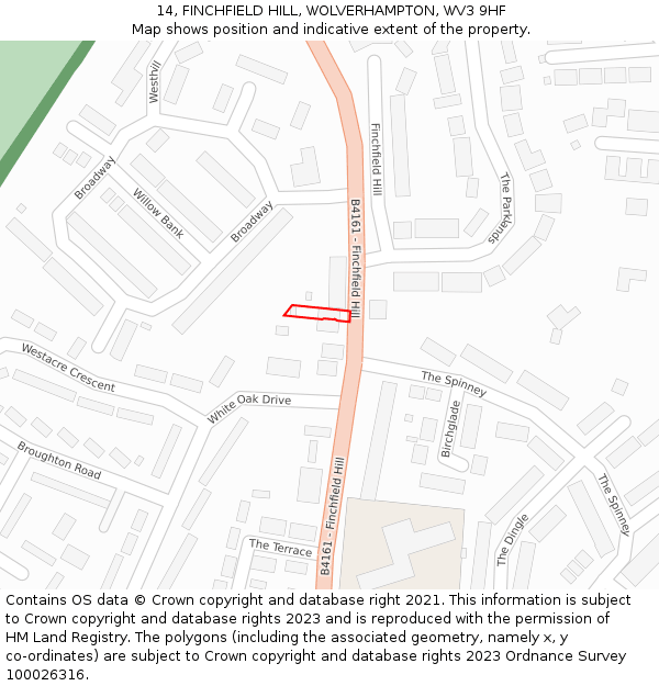 14, FINCHFIELD HILL, WOLVERHAMPTON, WV3 9HF: Location map and indicative extent of plot