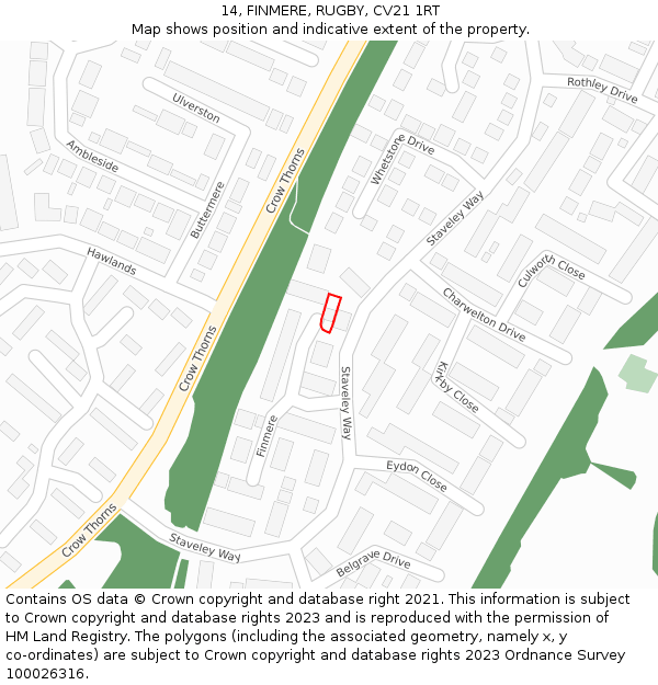 14, FINMERE, RUGBY, CV21 1RT: Location map and indicative extent of plot
