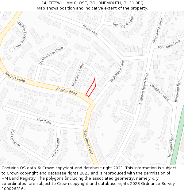 14, FITZWILLIAM CLOSE, BOURNEMOUTH, BH11 9PQ: Location map and indicative extent of plot