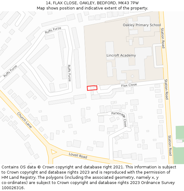 14, FLAX CLOSE, OAKLEY, BEDFORD, MK43 7PW: Location map and indicative extent of plot