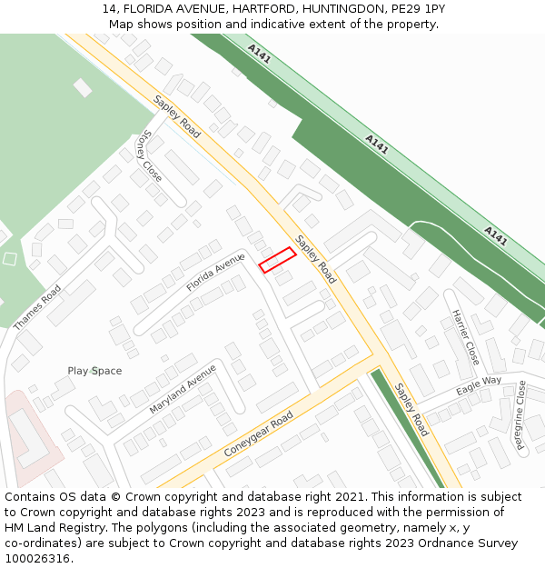 14, FLORIDA AVENUE, HARTFORD, HUNTINGDON, PE29 1PY: Location map and indicative extent of plot