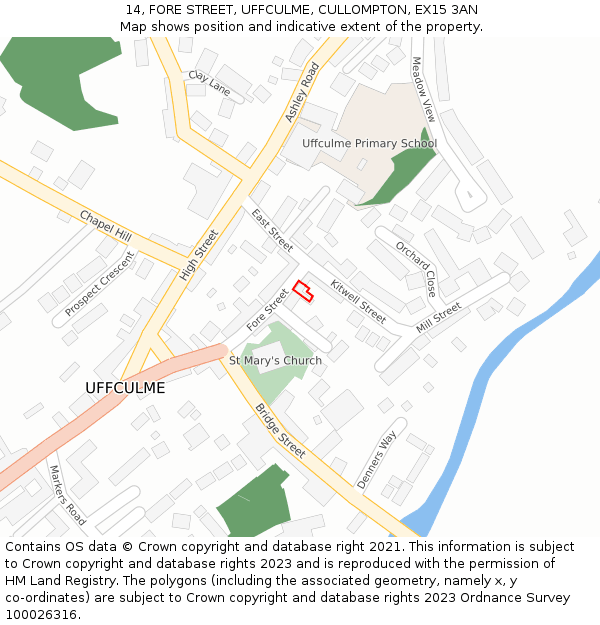 14, FORE STREET, UFFCULME, CULLOMPTON, EX15 3AN: Location map and indicative extent of plot