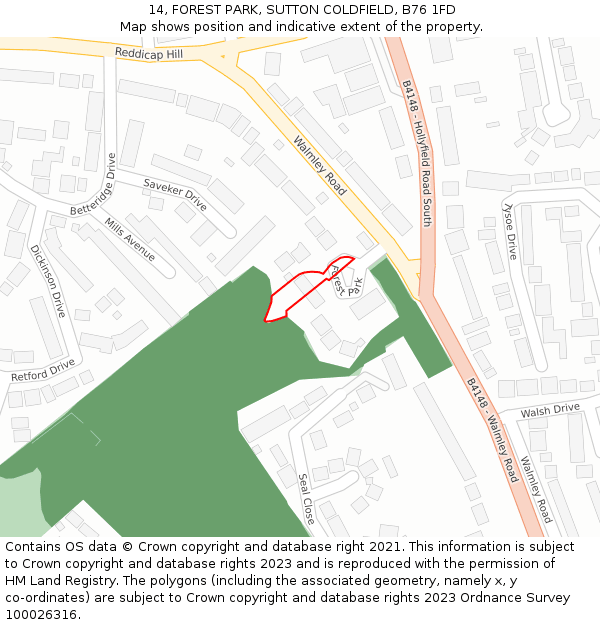 14, FOREST PARK, SUTTON COLDFIELD, B76 1FD: Location map and indicative extent of plot