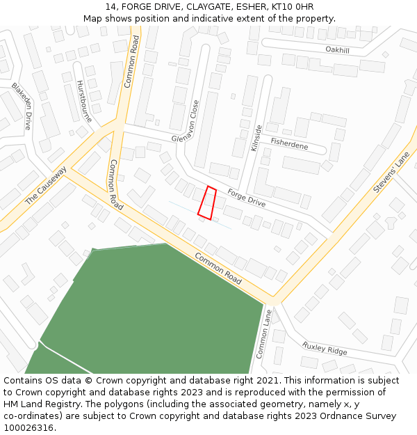 14, FORGE DRIVE, CLAYGATE, ESHER, KT10 0HR: Location map and indicative extent of plot