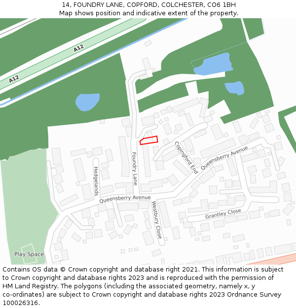 14, FOUNDRY LANE, COPFORD, COLCHESTER, CO6 1BH: Location map and indicative extent of plot