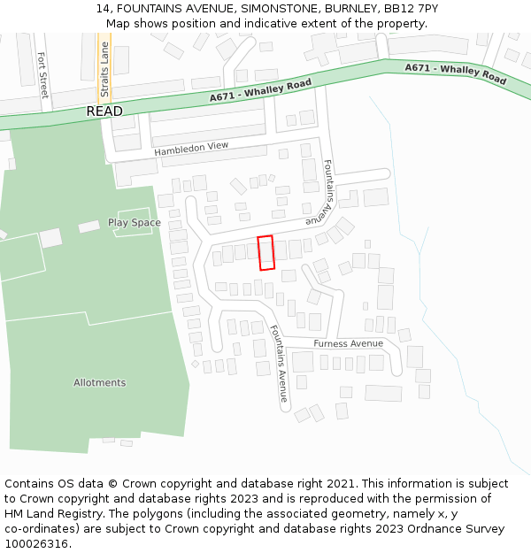 14, FOUNTAINS AVENUE, SIMONSTONE, BURNLEY, BB12 7PY: Location map and indicative extent of plot